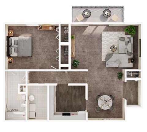 A top-down view of a small apartment layout with a bedroom, living room, kitchen, and bathroom.